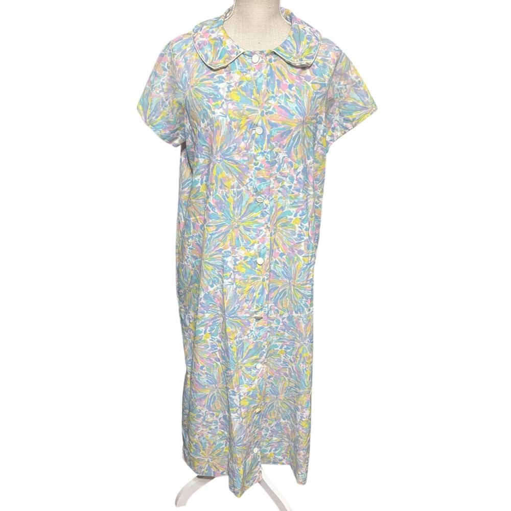 Vintage Basila Robe house dress coat pastel floral button front frolic lounge M